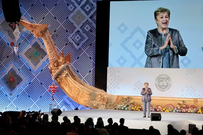 IMF chief urges cooperation on AI and war risks, as US hails economic momentum
